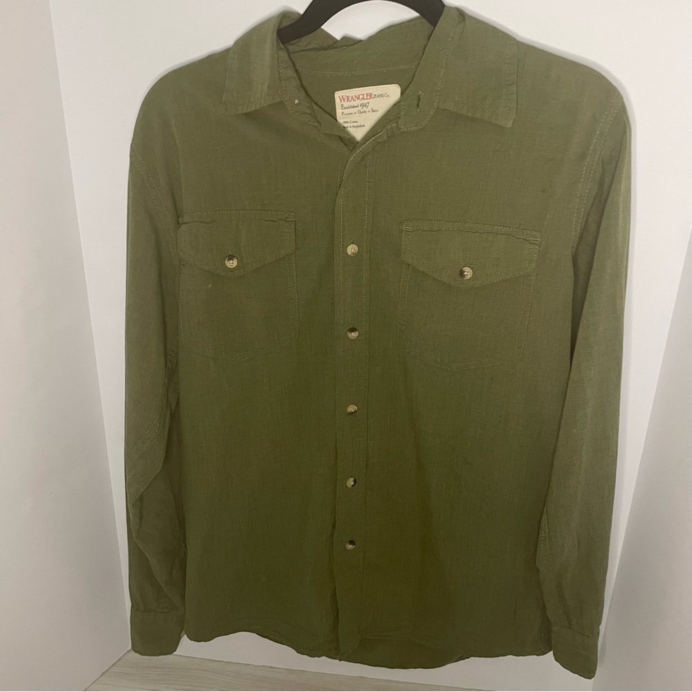 Wrangler Men’s Size S Olive Casual Button Down 100% Cotton Pockets Outdoors